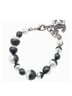 Chanel CC Logo Motif Pearl Bracelet Gray Metal Costume